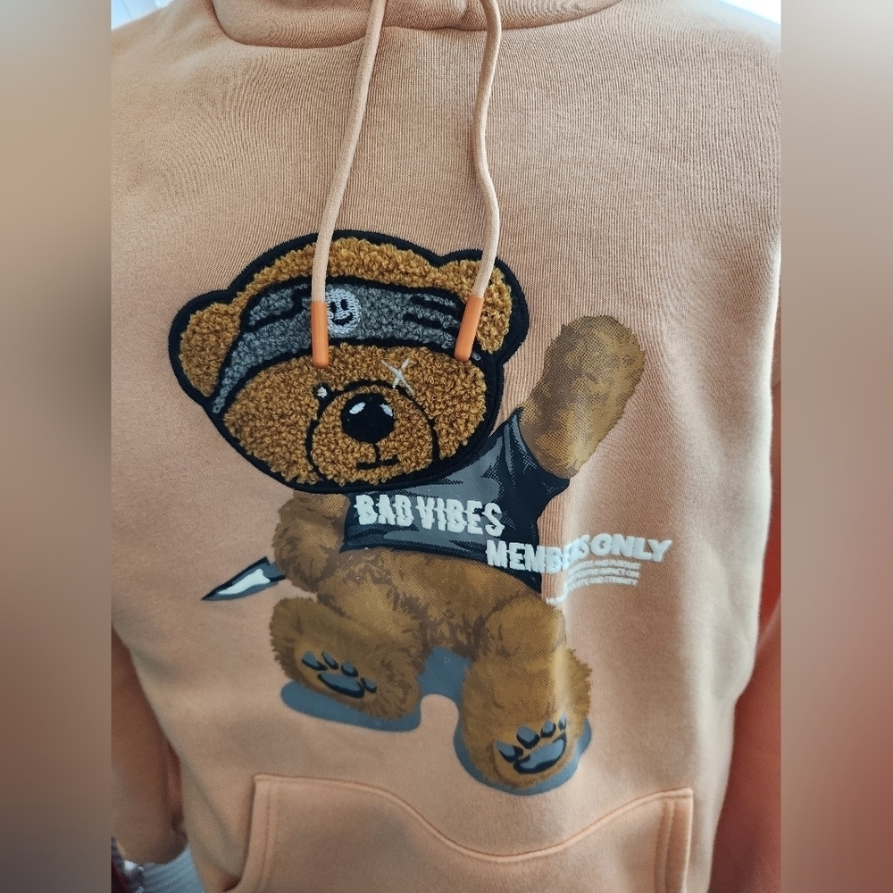Members Only Bad Vibes Brown Bear Graphic Hoodie Tan Mens Medium - Picture 2 of 11